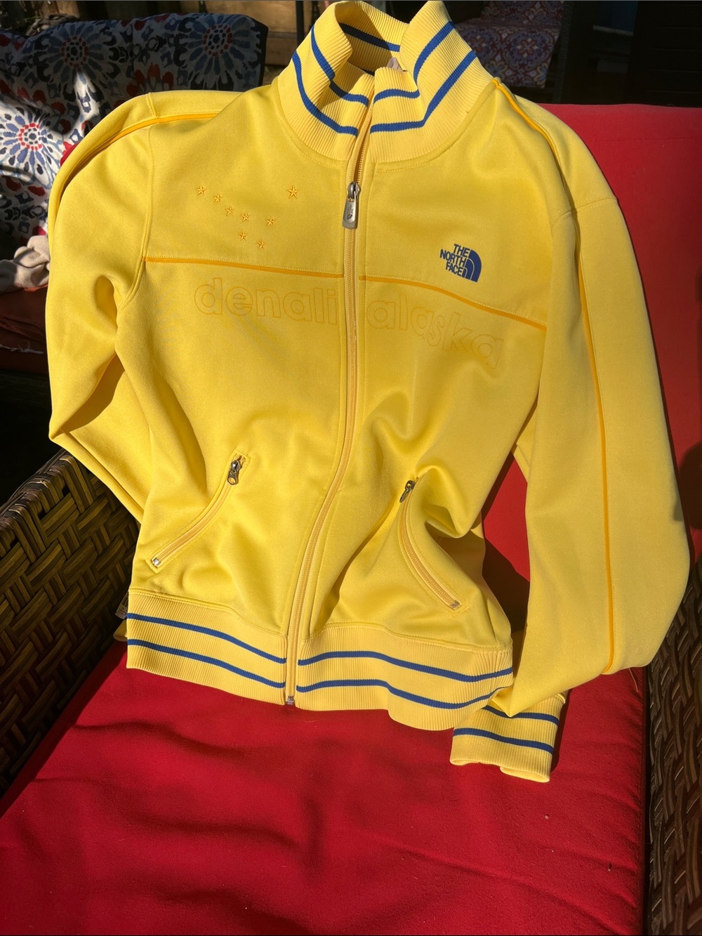 The North Face Yellow Track-Style Denali Jacket with Blue Trim